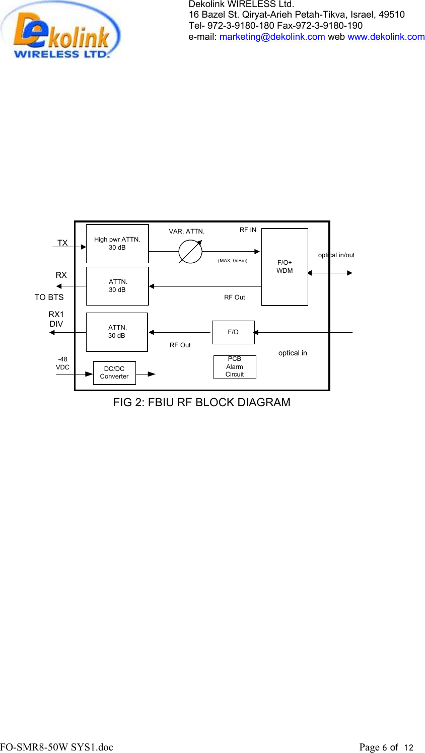 Dekolink WIRELESS Ltd. 16 Bazel St. Qiryat-Arieh Petah-Tikva, Israel, 49510 Tel- 972-3-9180-180 Fax-972-3- 190-9180  e-mail: marketing@dekolink.com web www.dekolink.com  FO-SMR8-50W SYS1.doc                                                                                             Page 6 of  12                                             TO BTSFIG 2: FBIU RF BLOCK DIAGRAMHigh pwr ATTN.30 dBF/O+WDMRF INRF Outoptical in/outoptical in ATTN.30 dB(MAX. 0dBm)F/ORF Out ATTN.30 dBVAR. ATTN.TXRXRX1DIVDC/DCConverter-48VDCPCBAlarmCircuit