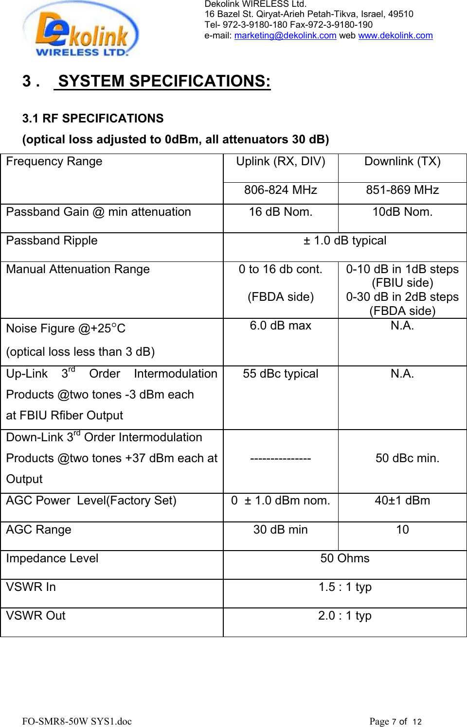 Dekolink WIRELESS Ltd. 16 Bazel St. Qiryat-Arieh Petah-Tikva, Israel, 49510 Tel- 972-3-9180-180 Fax-972-3- 190-9180  e-mail: marketing@dekolink.com web www.dekolink.com   3 .    SYSTEM SPECIFICATIONS:  3.1 RF SPECIFICATIONS (optical loss adjusted to 0dBm, all attenuators 30 dB) Uplink (RX, DIV)  Downlink (TX) Frequency Range  806-824 MHz  851-869 MHz Passband Gain @ min attenuation   16 dB Nom.  10dB Nom. Passband Ripple  ± 1.0 dB typical Manual Attenuation Range   0 to 16 db cont. (FBDA side) 0-10 dB in 1dB steps (FBIU side) 0-30 dB in 2dB steps (FBDA side) Noise Figure @+25°C  (optical loss less than 3 dB) 6.0 dB max  N.A. Up-Link 3rd Order Intermodulation Products @two tones -3 dBm each  at FBIU Rfiber Output 55 dBc typical  N.A. Down-Link 3rd Order Intermodulation Products @two tones +37 dBm each at Output  ---------------     50 dBc min.  AGC Power  Level(Factory Set)  0  ± 1.0 dBm nom.  40±1 dBm AGC Range  30 dB min  10 Impedance Level  50 Ohms VSWR In   1.5 : 1 typ VSWR Out  2.0 : 1 typ  FO-SMR8-50W SYS1.doc                                                                                             Page 7 of  12                                      