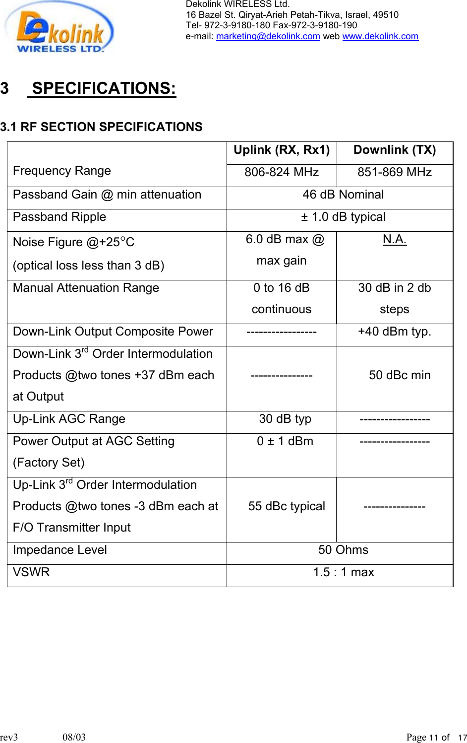 Dekolink WIRELESS Ltd. 16 Bazel St. Qiryat-Arieh Petah-Tikva, Israel, 49510 Tel- 972-3-9180-180 Fax-972-3- 190-9180  e-mail: marketing@dekolink.com web www.dekolink.com   3     SPECIFICATIONS:  3.1 RF SECTION SPECIFICATIONS Uplink (RX, Rx1)  Downlink (TX)  Frequency Range   806-824 MHz  851-869 MHz Passband Gain @ min attenuation    46 dB Nominal Passband Ripple    ± 1.0 dB typical Noise Figure @+25°C  (optical loss less than 3 dB)   6.0 dB max @ max gain N.A. Manual Attenuation Range  0 to 16 dB continuous  30 dB in 2 db steps Down-Link Output Composite Power    -----------------  +40 dBm typ. Down-Link 3rd Order Intermodulation Products @two tones +37 dBm each at Output  ---------------     50 dBc min  Up-Link AGC Range      30 dB typ  ----------------- Power Output at AGC Setting (Factory Set)     0 ± 1 dBm  ----------------- Up-Link 3rd Order Intermodulation Products @two tones -3 dBm each at F/O Transmitter Input     55 dBc typical   --------------- Impedance Level    50 Ohms VSWR            1.5 : 1 max  rev3                 08/03                                                                                                                           Page 11 of   17                      