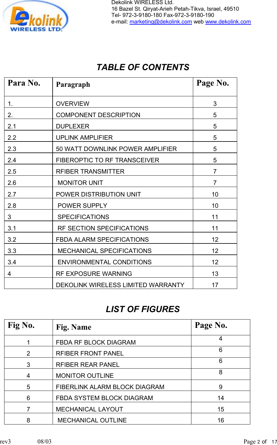 Dekolink WIRELESS Ltd. 16 Bazel St. Qiryat-Arieh Petah-Tikva, Israel, 49510 Tel- 972-3-9180-180 Fax-972-3- 190-9180  e-mail: marketing@dekolink.com web www.dekolink.com   TABLE OF CONTENTS Para No.  Paragraph  Page No. 1. OVERVIEW 3 2. COMPONENT DESCRIPTION 5 2.1 DUPLEXER  5 2.2 UPLINK AMPLIFIER  5 2.3  50 WATT DOWNLINK POWER AMPLIFIER  5 2.4  FIBEROPTIC TO RF TRANSCEIVER  5 2.5 RFIBER TRANSMITTER  7 2.6   MONITOR UNIT  7 2.7  POWER DISTRIBUTION UNIT  10 2.8   POWER SUPPLY  10 3  SPECIFICATIONS 11 3.1   RF SECTION SPECIFICATIONS 11 3.2  FBDA ALARM SPECIFICATIONS  12 3.3   MECHANICAL SPECIFICATIONS 12 3.4   ENVIRONMENTAL CONDITIONS 12 4  RF EXPOSURE WARNING  13    DEKOLINK WIRELESS LIMITED WARRANTY  17  LIST OF FIGURES Fig No.  Fig. Name  Page No. 1  FBDA RF BLOCK DIAGRAM  4 2  RFIBER FRONT PANEL  6 3  RFIBER REAR PANEL  6 4 MONITOR OUTLINE  8 5  FIBERLINK ALARM BLOCK DIAGRAM  9 6  FBDA SYSTEM BLOCK DIAGRAM  14 7 MECHANICAL LAYOUT  15 8   MECHANICAL OUTLINE 16 rev3                 08/03                                                                                                                           Page 2 of   17                       