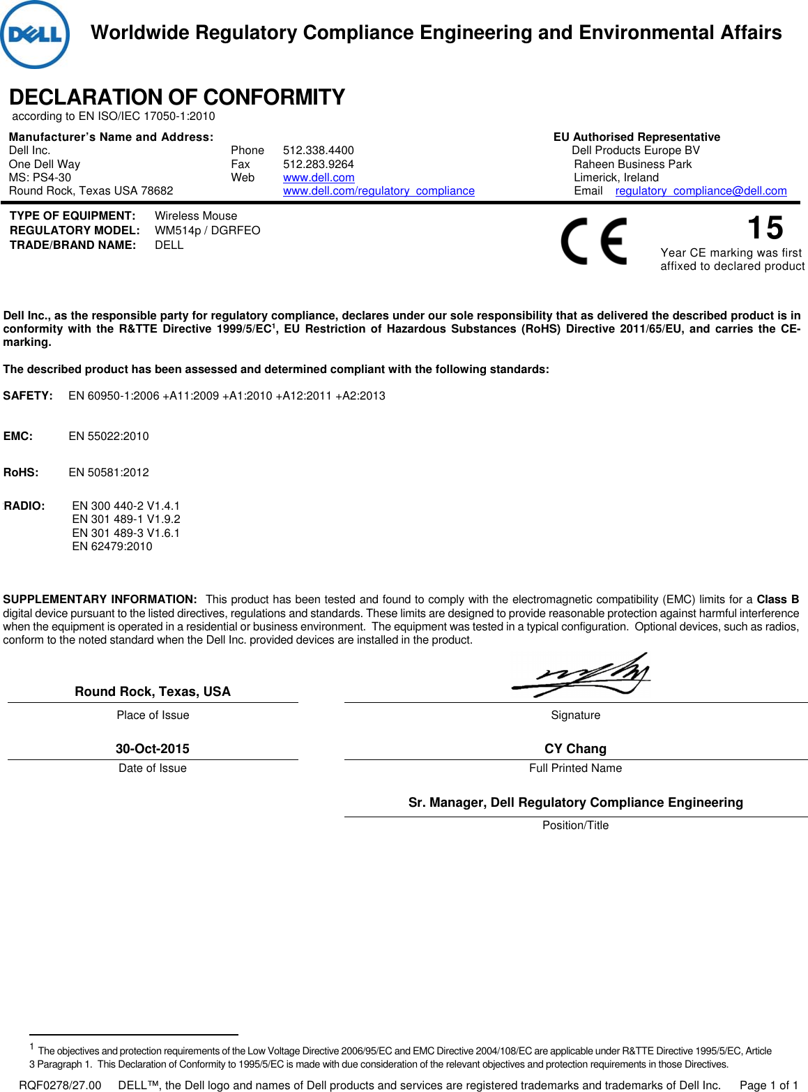 Page 1 of 1 - Dell - UV Lite-Primax CE DoC  1508044752dell Computer Input Device Wm514,wm514p,n A,european Union Declaration Of Conformity