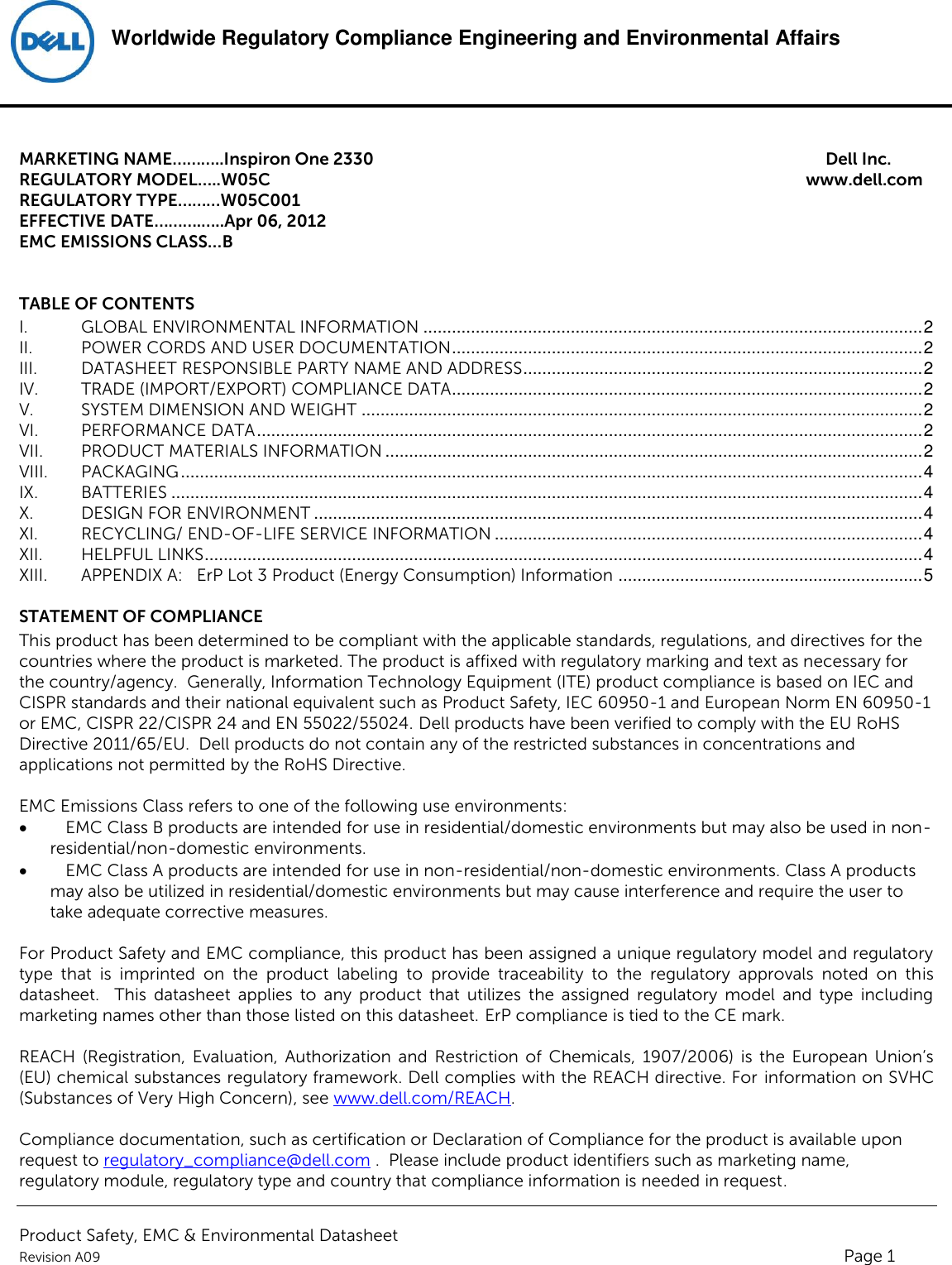 Page 1 of 6 - Dell Product Safety, EMC And Environmental Datasheet  1508075219dell Inspiron One 2330,w05c,w05c001,dell Regulatory