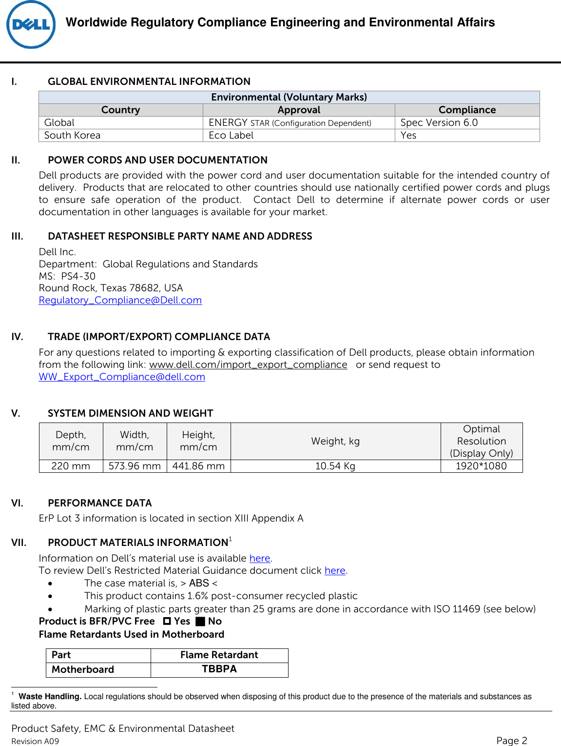 Page 2 of 6 - Dell Product Safety, EMC And Environmental Datasheet  1508075219dell Inspiron One 2330,w05c,w05c001,dell Regulatory