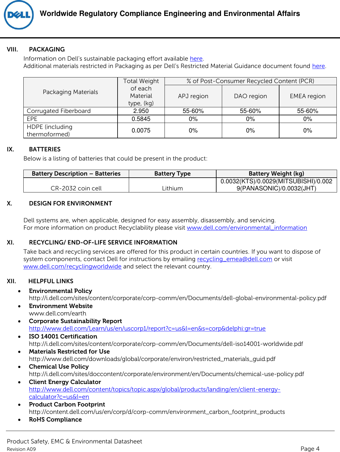 Page 4 of 6 - Dell Product Safety, EMC And Environmental Datasheet  1508075219dell Inspiron One 2330,w05c,w05c001,dell Regulatory