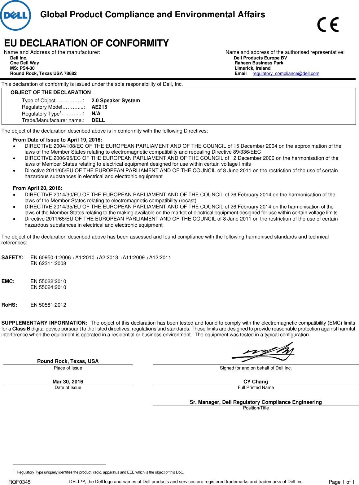 Page 1 of 1 - Dell - AE215 CE DoC  1508078800dell Speaker Ae215,ae215,n A,european Union Declaration Of Conformity