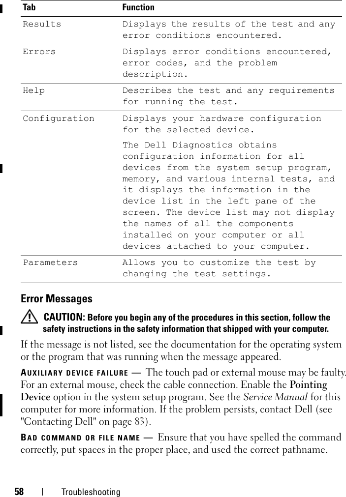 58 TroubleshootingError Messages CAUTION: Before you begin any of the procedures in this section, follow the safety instructions in the safety information that shipped with your computer.If the message is not listed, see the documentation for the operating system or the program that was running when the message appeared.AUXILIARY DEVICE FAILURE —The touch pad or external mouse may be faulty. For an external mouse, check the cable connection. Enable the Pointing Device option in the system setup program. See the Service Manual for this computer for more information. If the problem persists, contact Dell (see &quot;Contacting Dell&quot; on page 83).BAD COMMAND OR FILE NAME —Ensure that you have spelled the command correctly, put spaces in the proper place, and used the correct pathname.Tab FunctionResults Displays the results of the test and any error conditions encountered.Errors Displays error conditions encountered, error codes, and the problem description.Help Describes the test and any requirements for running the test.Configuration Displays your hardware configuration for the selected device.The Dell Diagnostics obtains configuration information for all devices from the system setup program, memory, and various internal tests, and it displays the information in the device list in the left pane of the screen. The device list may not display the names of all the components installed on your computer or all devices attached to your computer.Parameters Allows you to customize the test by changing the test settings.