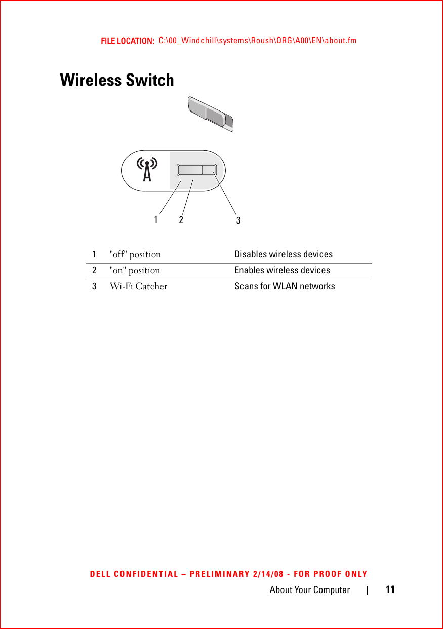 About Your Computer 11FILE LOCATION:  C:\00_Windchill\systems\Roush\QRG\A00\EN\about.fmDELL CONFIDENTIAL – PRELIMINARY 2/14/08 - FOR PROOF ONLYWireless Switch 1&quot;off&quot; position Disables wireless devices2&quot;on&quot; position Enables wireless devices3Wi-Fi Catcher Scans for WLAN networks 123