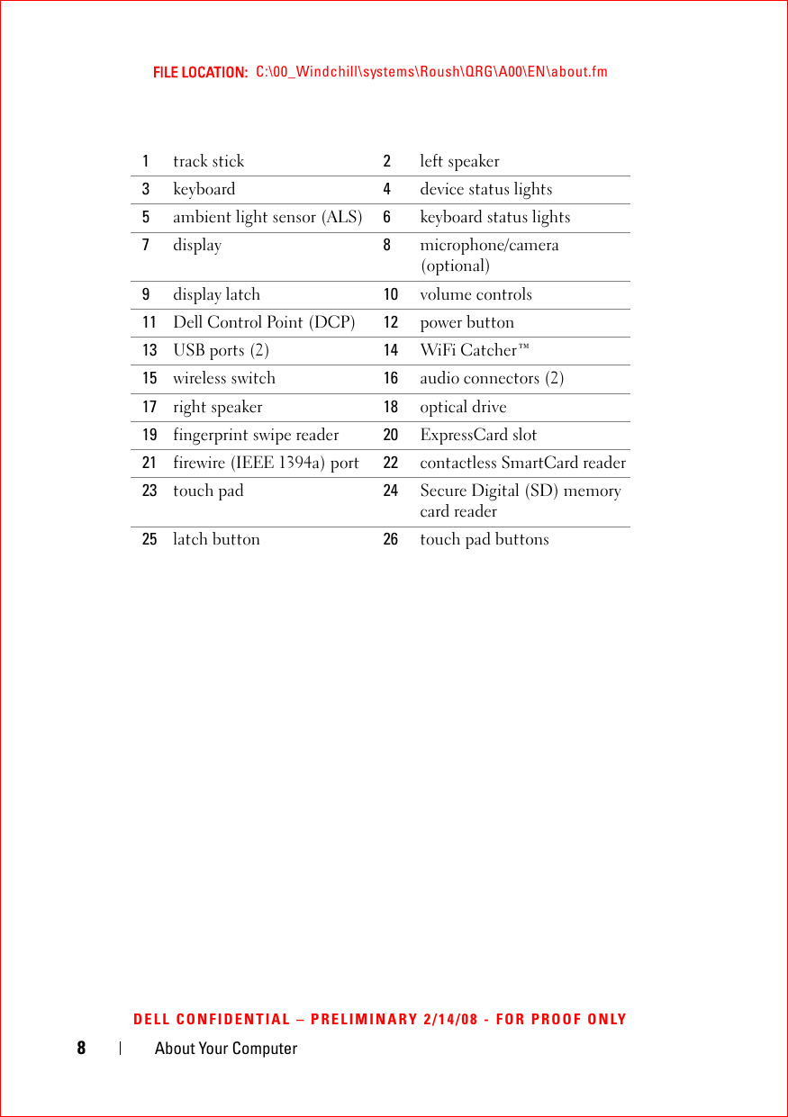 8About Your ComputerFILE LOCATION:  C:\00_Windchill\systems\Roush\QRG\A00\EN\about.fmDELL CONFIDENTIAL – PRELIMINARY 2/14/08 - FOR PROOF ONLY1track stick 2left speaker3keyboard 4device status lights5ambient light sensor (ALS) 6keyboard status lights7display 8microphone/camera (optional)9display latch 10 volume controls11 Dell Control Point (DCP) 12 power button13 USB ports (2) 14 WiFi Catcher™15 wireless switch 16 audio connectors (2)17 right speaker 18 optical drive19 fingerprint swipe reader 20 ExpressCard slot21 firewire (IEEE 1394a) port 22 contactless SmartCard reader23 touch pad 24 Secure Digital (SD) memory card reader25 latch button 26 touch pad buttons