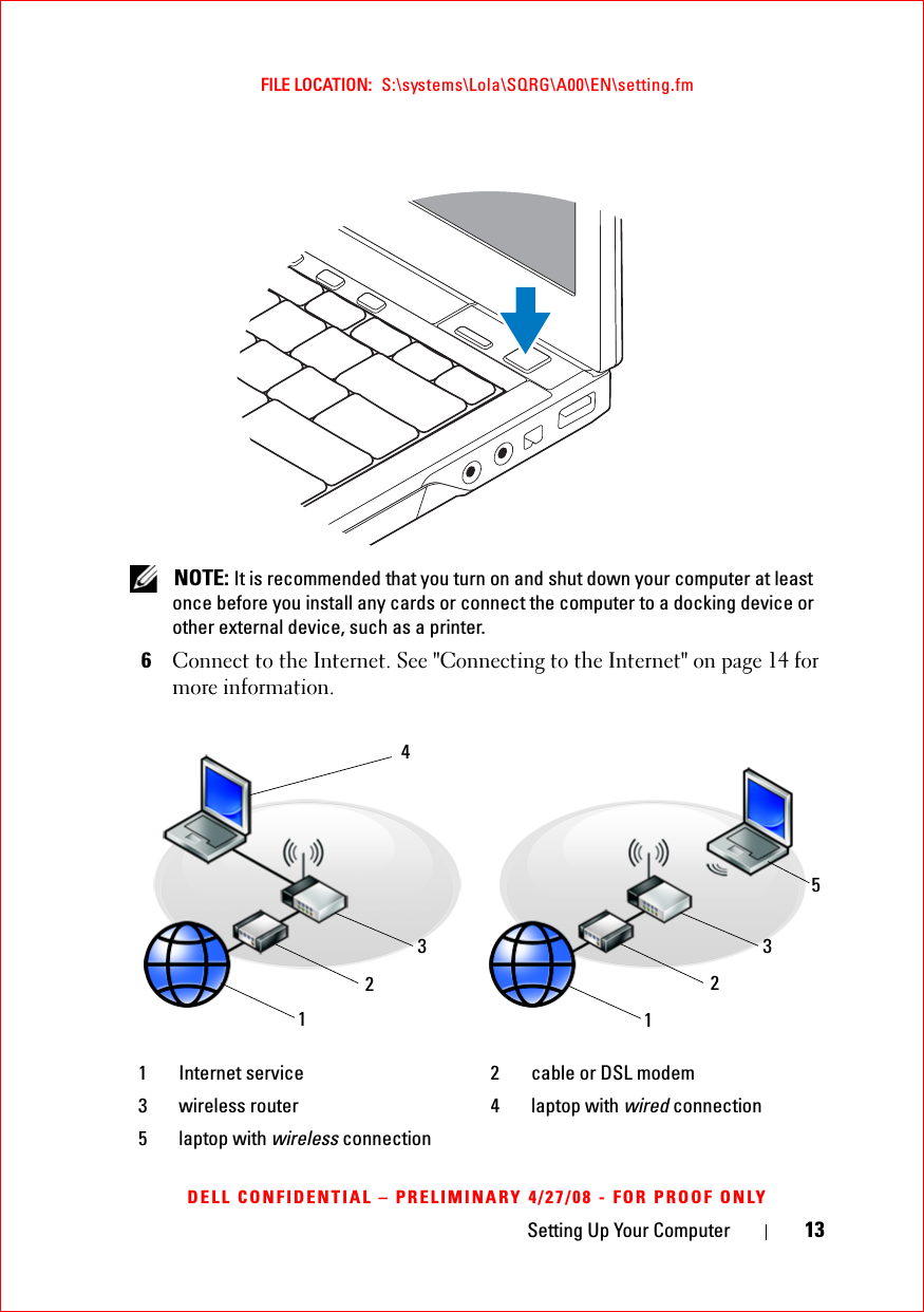 Setting Up Your Computer 13FILE LOCATION:  S:\systems\Lola\SQRG\A00\EN\setting.fmDELL CONFIDENTIAL – PRELIMINARY 4/27/08 - FOR PROOF ONLY NOTE: It is recommended that you turn on and shut down your computer at least once before you install any cards or connect the computer to a docking device or other external device, such as a printer.6Connect to the Internet. See &quot;Connecting to the Internet&quot; on page 14 for more information. 1 Internet service 2 cable or DSL modem3 wireless router 4 laptop with wired connection5 laptop with wireless connection12312345