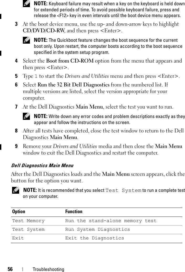 56 Troubleshooting NOTE: Keyboard failure may result when a key on the keyboard is held down for extended periods of time. To avoid possible keyboard failure, press and release the &lt;F12&gt; key in even intervals until the boot device menu appears.3At the boot device menu, use the up- and down-arrow keys to highlight CD/DVD/CD-RW, and then press &lt;Enter&gt;. NOTE: The Quickboot feature changes the boot sequence for the current boot only. Upon restart, the computer boots according to the boot sequence specified in the system setup program.4Select the Boot from CD-ROM option from the menu that appears and then press &lt;Enter&gt;.5Ty p e  1 to start the Drivers and Utilities menu and then press &lt;Enter&gt;.6Select Run the 32 Bit Dell Diagnostics from the numbered list. If multiple versions are listed, select the version appropriate for your computer.7At the Dell Diagnostics Main Menu, select the test you want to run. NOTE: Write down any error codes and problem descriptions exactly as they appear and follow the instructions on the screen.8After all tests have completed, close the test window to return to the Dell Diagnostics Main Menu.9Remove your Drivers and Utilities media and then close the Main Menu window to exit the Dell Diagnostics and restart the computer.Dell Diagnostics Main MenuAfter the Dell Diagnostics loads and the Main Menu screen appears, click the button for the option you want. NOTE: It is recommended that you select Test System to run a complete test on your computer.Option FunctionTest Memory Run the stand-alone memory testTest System Run System DiagnosticsExit Exit the Diagnostics