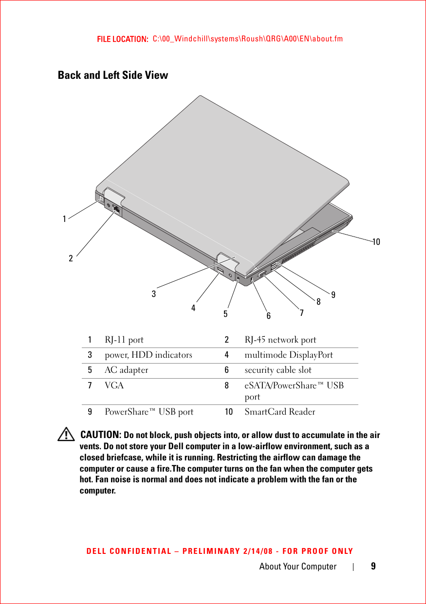 About Your Computer 9FILE LOCATION:  C:\00_Windchill\systems\Roush\QRG\A00\EN\about.fmDELL CONFIDENTIAL – PRELIMINARY 2/14/08 - FOR PROOF ONLYBack and Left Side View  CAUTION: Do not block, push objects into, or allow dust to accumulate in the air vents. Do not store your Dell computer in a low-airflow environment, such as a closed briefcase, while it is running. Restricting the airflow can damage the computer or cause a fire.The computer turns on the fan when the computer gets hot. Fan noise is normal and does not indicate a problem with the fan or the computer.1RJ-11 port 2RJ-45 network port3power, HDD indicators 4multimode DisplayPort5AC adapter 6security cable slot7VGA 8eSATA/PowerShare™ USB port9PowerShare™ USB port 10 SmartCard Reader12456791083