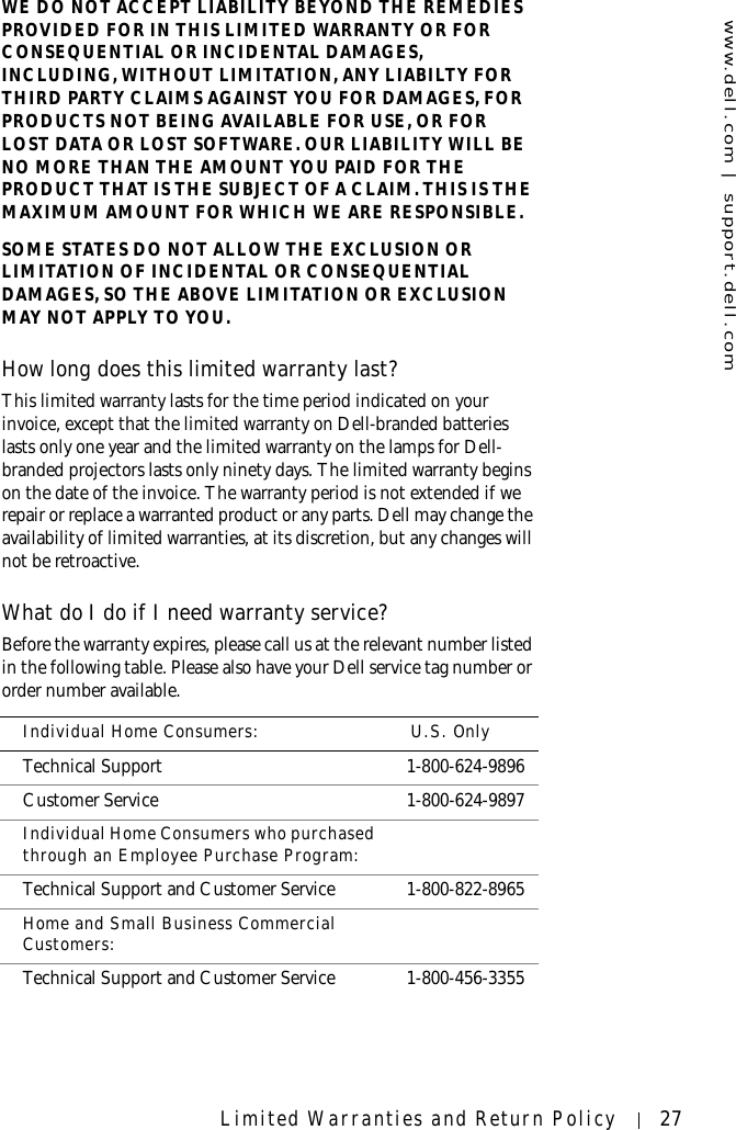 www.dell.com | support.dell.comLimited Warranties and Return Policy 27WE DO NOT ACCEPT LIABILITY BEYOND THE REMEDIES PROVIDED FOR IN THIS LIMITED WARRANTY OR FOR CONSEQUENTIAL OR INCIDENTAL DAMAGES, INCLUDING, WITHOUT LIMITATION, ANY LIABILTY FOR THIRD PARTY CLAIMS AGAINST YOU FOR DAMAGES, FOR PRODUCTS NOT BEING AVAILABLE FOR USE, OR FOR LOST DATA OR LOST SOFTWARE. OUR LIABILITY WILL BE NO MORE THAN THE AMOUNT YOU PAID FOR THE PRODUCT THAT IS THE SUBJECT OF A CLAIM. THIS IS THE MAXIMUM AMOUNT FOR WHICH WE ARE RESPONSIBLE.SOME STATES DO NOT ALLOW THE EXCLUSION OR LIMITATION OF INCIDENTAL OR CONSEQUENTIAL DAMAGES, SO THE ABOVE LIMITATION OR EXCLUSION MAY NOT APPLY TO YOU.How long does this limited warranty last?This limited warranty lasts for the time period indicated on your invoice, except that the limited warranty on Dell-branded batteries lasts only one year and the limited warranty on the lamps for Dell-branded projectors lasts only ninety days. The limited warranty begins on the date of the invoice. The warranty period is not extended if we repair or replace a warranted product or any parts. Dell may change the availability of limited warranties, at its discretion, but any changes will not be retroactive.What do I do if I need warranty service? Before the warranty expires, please call us at the relevant number listed in the following table. Please also have your Dell service tag number or order number available. Individual Home Consumers: U.S. OnlyTechnical Support 1-800-624-9896Customer Service 1-800-624-9897Individual Home Consumers who purchased through an Employee Purchase Program:Technical Support and Customer Service 1-800-822-8965Home and Small Business Commercial Customers:Technical Support and Customer Service 1-800-456-3355