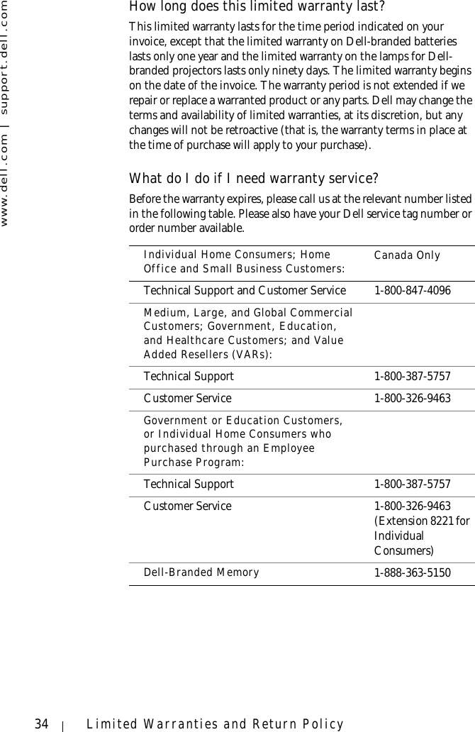 www.dell.com | support.dell.com34 Limited Warranties and Return PolicyHow long does this limited warranty last?This limited warranty lasts for the time period indicated on your invoice, except that the limited warranty on Dell-branded batteries lasts only one year and the limited warranty on the lamps for Dell-branded projectors lasts only ninety days. The limited warranty begins on the date of the invoice. The warranty period is not extended if we repair or replace a warranted product or any parts. Dell may change the terms and availability of limited warranties, at its discretion, but any changes will not be retroactive (that is, the warranty terms in place at the time of purchase will apply to your purchase).What do I do if I need warranty service? Before the warranty expires, please call us at the relevant number listed in the following table. Please also have your Dell service tag number or order number available.Individual Home Consumers; Home Office and Small Business Customers: Canada OnlyTechnical Support and Customer Service 1-800-847-4096Medium, Large, and Global Commercial Customers; Government, Education, and Healthcare Customers; and Value Added Resellers (VARs):Technical Support 1-800-387-5757Customer Service 1-800-326-9463Government or Education Customers, or Individual Home Consumers who purchased through an Employee Purchase Program:Technical Support 1-800-387-5757Customer Service 1-800-326-9463 (Extension 8221 for IndividualConsumers)Dell-Branded Memory 1-888-363-5150