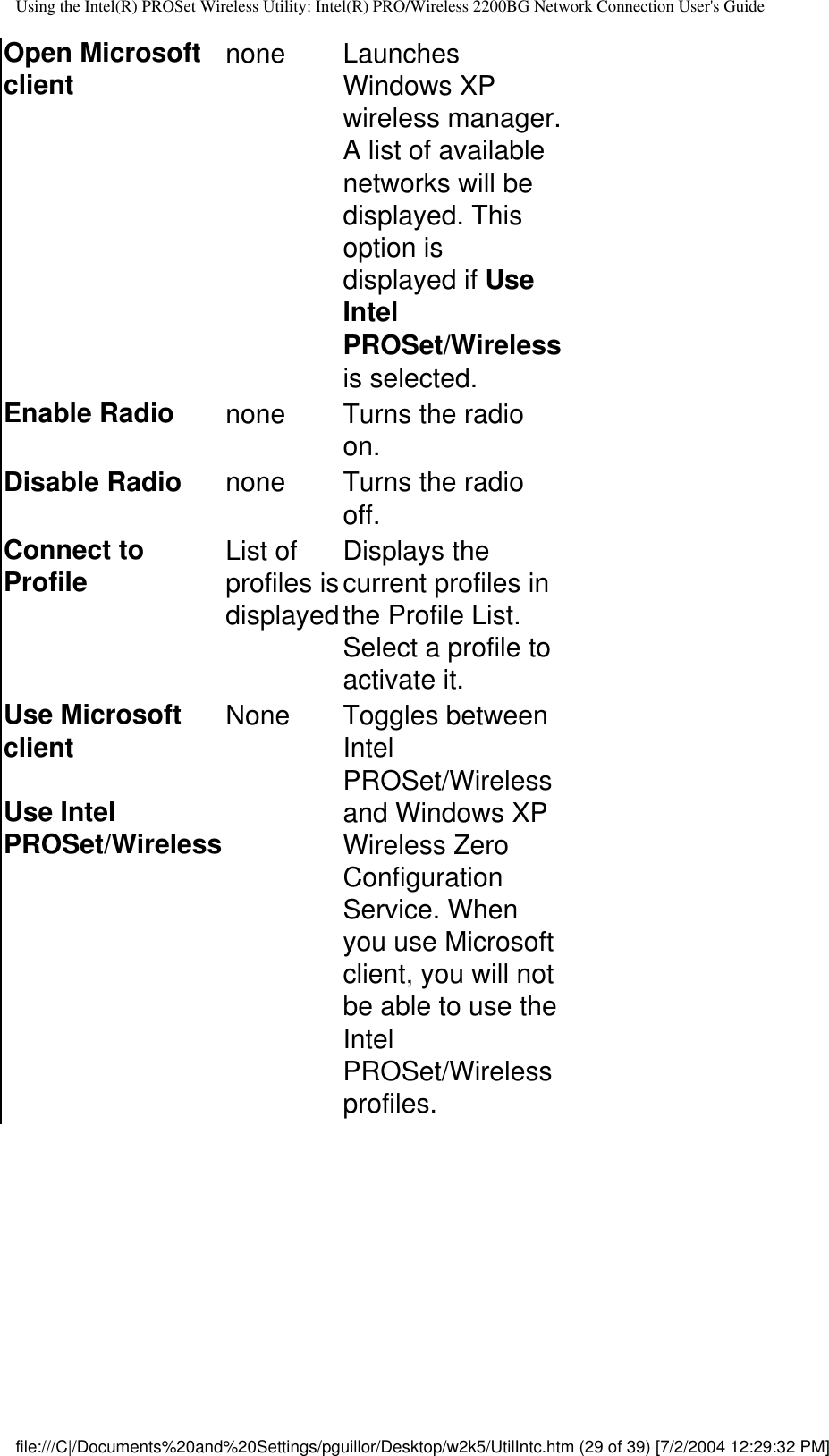Using the Intel(R) PROSet Wireless Utility: Intel(R) PRO/Wireless 2200BG Network Connection User&apos;s GuideOpen Microsoft client none Launches Windows XP wireless manager. A list of available networks will be displayed. This option is displayed if Use Intel PROSet/Wireless is selected.Enable Radio none Turns the radio on.Disable Radio none Turns the radio off.Connect to Profile List of profiles is displayed   Displays the current profiles in the Profile List. Select a profile to activate it. Use Microsoft client Use Intel PROSet/Wireless None Toggles between Intel PROSet/Wireless and Windows XP Wireless Zero Configuration Service. When you use Microsoft client, you will not be able to use the Intel PROSet/Wireless profiles.file:///C|/Documents%20and%20Settings/pguillor/Desktop/w2k5/UtilIntc.htm (29 of 39) [7/2/2004 12:29:32 PM]