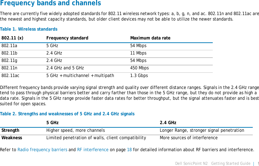 Dell SonicPoint N2   Getting Started Guide 9Frequency bands and channelsThere are currently five widely adopted standards for 802.11 wireless network types: a, b, g, n, and ac. 802.11n and 802.11ac are the newest and highest capacity standards, but older client devices may not be able to utilize the newer standards. Different frequency bands provide varying signal strength and quality over different distance ranges. Signals in the 2.4 GHz range tend to pass through physical barriers better and carry farther than those in the 5 GHz range, but they do not provide as high a data rate. Signals in the 5 GHz range provide faster data rates for better throughput, but the signal attenuates faster and is best suited for open spaces.Refer to Radio frequency barriers and RF interference on page 18 for detailed information about RF barriers and interference.Table 1. Wireless standards802.11 (x) Frequency standard Maximum data rate802.11a 5 GHz 54 Mbps802.11b 2.4 GHz 11 Mbps802.11g 2.4 GHz 54 Mbps802.11n 2.4 GHz and 5 GHz 450 Mbps802.11ac 5 GHz + multichannel + multipath 1.3 GbpsTable 2. Strengths and weaknesses of 5 GHz and 2.4 GHz signals5 GHz 2.4 GHzStrength Higher speed, more channels Longer Range, stronger signal penetrationWeakness Limited penetration of walls, client compatibility More sources of interference