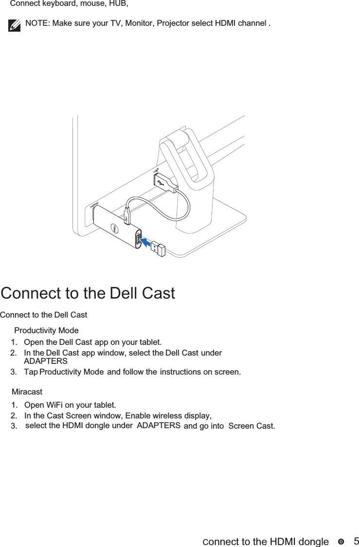  Connect to the HDMI dongle      5 NOTE: Make sure your TV, Monitor, Projector select HDMI channel .Connect keyboard, mouse, HUB, Connect to the Dell Cast1.  Open the   app on your tablet.Dell Cast2.  In the   app window, select the   under Dell Cast Dell CastADAPTERS.3.  Tap Productivity Mode  and follow the  instructions on screen.Productivity ModeMiracast1.  Open WiFi on your tablet.2.  In the Cast Screen window, Enable wireless display,ADAPTERS.3.  select the HDMI dongle under   and go into  Screen Cast.Connect to the Dell Cast