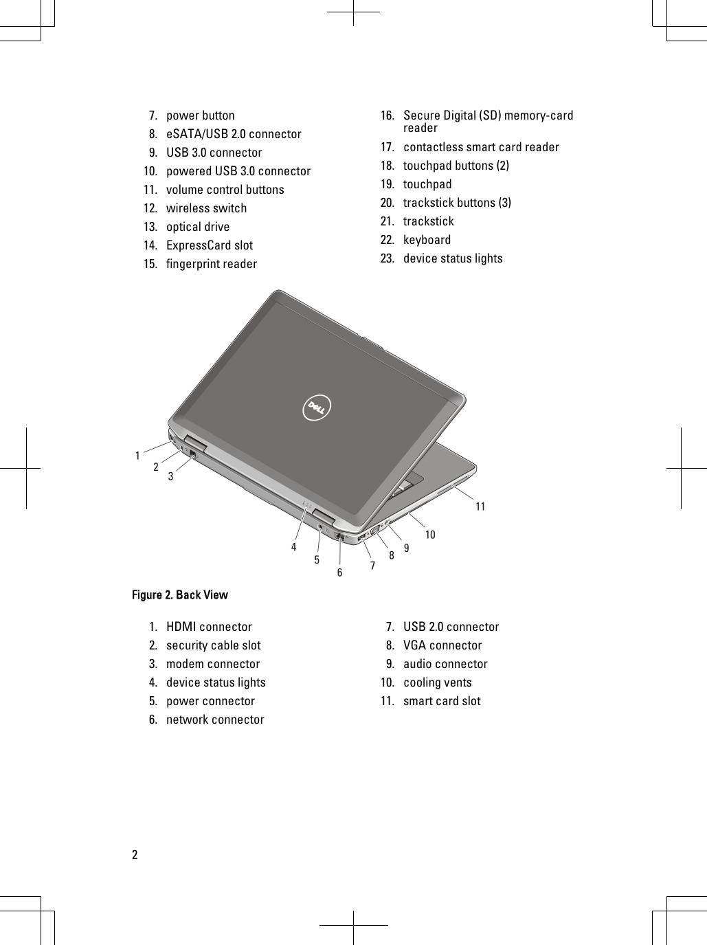 7. power button8. eSATA/USB 2.0 connector9. USB 3.0 connector10. powered USB 3.0 connector11. volume control buttons12. wireless switch13. optical drive14. ExpressCard slot15. fingerprint reader16. Secure Digital (SD) memory-cardreader17. contactless smart card reader18. touchpad buttons (2)19. touchpad20. trackstick buttons (3)21. trackstick22. keyboard23. device status lightsFigure 2. Back View1. HDMI connector2. security cable slot3. modem connector4. device status lights5. power connector6. network connector7. USB 2.0 connector8. VGA connector9. audio connector10. cooling vents11. smart card slot2