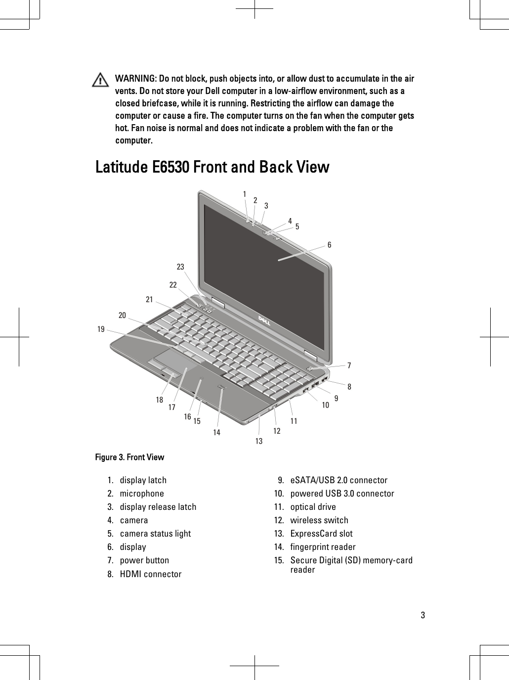 WARNING: Do not block, push objects into, or allow dust to accumulate in the airvents. Do not store your Dell computer in a low-airflow environment, such as aclosed briefcase, while it is running. Restricting the airflow can damage thecomputer or cause a fire. The computer turns on the fan when the computer getshot. Fan noise is normal and does not indicate a problem with the fan or thecomputer.Latitude E6530 Front and Back ViewFigure 3. Front View1. display latch2. microphone3. display release latch4. camera5. camera status light6. display7. power button8. HDMI connector9. eSATA/USB 2.0 connector10. powered USB 3.0 connector11. optical drive12. wireless switch13. ExpressCard slot14. fingerprint reader15. Secure Digital (SD) memory-cardreader3