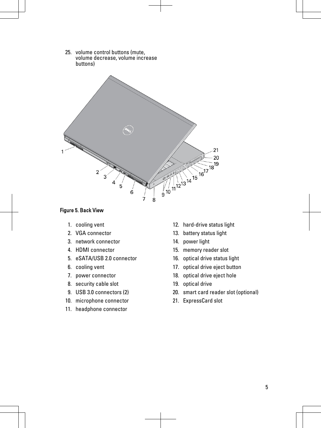 25. volume control buttons (mute, volume decrease, volume increase buttons)Figure 5. Back View1. cooling vent2. VGA connector3. network connector4. HDMI connector5. eSATA/USB 2.0 connector6. cooling vent7. power connector8. security cable slot9. USB 3.0 connectors (2)10. microphone connector11. headphone connector12. hard-drive status light 13. battery status light14. power light15. memory reader slot16. optical drive status light17. optical drive eject button18. optical drive eject hole19. optical drive20. smart card reader slot (optional)21. ExpressCard slot5