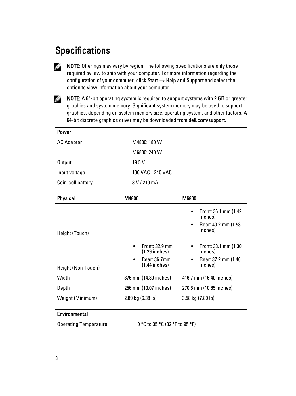 SpecificationsNOTE: Offerings may vary by region. The following specifications are only those required by law to ship with your computer. For more information regarding the configuration of your computer, click Start → Help and Support and select the option to view information about your computer.NOTE: A 64-bit operating system is required to support systems with 2 GB or greater graphics and system memory. Significant system memory may be used to support graphics, depending on system memory size, operating system, and other factors. A 64-bit discrete graphics driver may be downloaded from dell.com/support.PowerAC Adapter M4800: 180 WM6800: 240 WOutput 19.5 VInput voltage 100 VAC - 240 VACCoin-cell battery 3 V / 210 mAPhysical M4800 M6800Height (Touch)• Front: 36.1 mm (1.42 inches)• Rear: 40.2 mm (1.58 inches)Height (Non-Touch)• Front: 32.9 mm (1.29 inches)• Rear: 36.7mm (1.44 inches)• Front: 33.1 mm (1.30 inches)• Rear: 37.2 mm (1.46 inches)Width 376 mm (14.80 inches) 416.7 mm (16.40 inches)Depth 256 mm (10.07 inches) 270.6 mm (10.65 inches)Weight (Minimum) 2.89 kg (6.38 lb) 3.58 kg (7.89 lb)EnvironmentalOperating Temperature 0 °C to 35 °C (32 °F to 95 °F)8