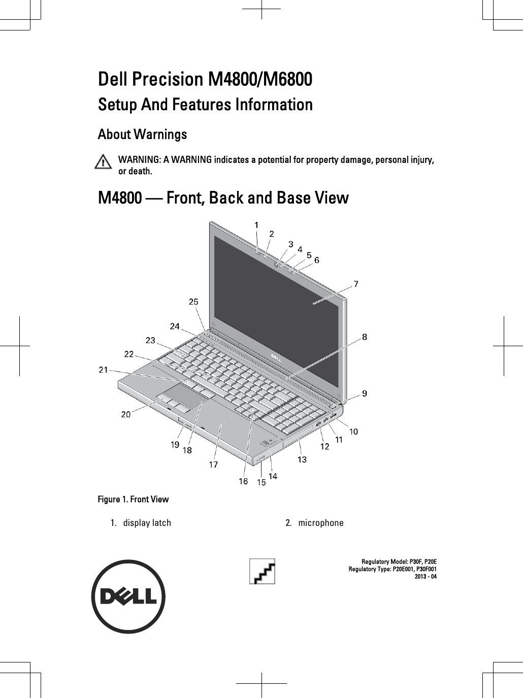 Dell Precision M4800/M6800 Setup And Features InformationAbout WarningsWARNING: A WARNING indicates a potential for property damage, personal injury, or death.M4800 — Front, Back and Base ViewFigure 1. Front View1. display latch  2. microphoneRegulatory Model: P30F, P20ERegulatory Type: P20E001, P30F0012013 - 04