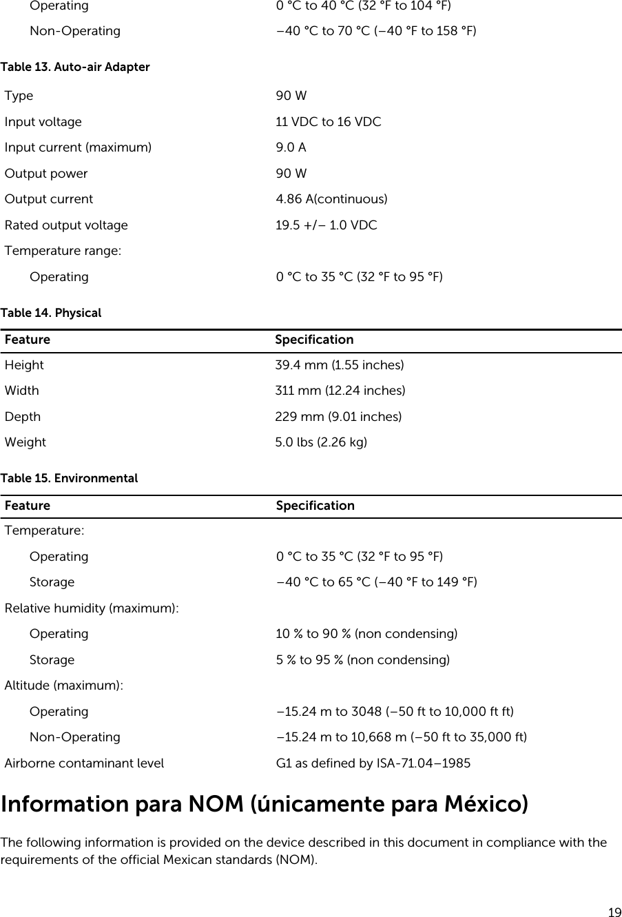Operating 0 °C to 40 °C (32 °F to 104 °F)Non-Operating –40 °C to 70 °C (–40 °F to 158 °F)Table 13. Auto-air AdapterType 90 WInput voltage 11 VDC to 16 VDCInput current (maximum) 9.0 AOutput power 90 WOutput current 4.86 A(continuous)Rated output voltage 19.5 +/– 1.0 VDCTemperature range:Operating 0 °C to 35 °C (32 °F to 95 °F)Table 14. PhysicalFeature SpecificationHeight 39.4 mm (1.55 inches)Width 311 mm (12.24 inches)Depth 229 mm (9.01 inches)Weight 5.0 lbs (2.26 kg)Table 15. EnvironmentalFeature SpecificationTemperature:Operating 0 °C to 35 °C (32 °F to 95 °F)Storage –40 °C to 65 °C (–40 °F to 149 °F)Relative humidity (maximum):Operating 10 % to 90 % (non condensing)Storage 5 % to 95 % (non condensing)Altitude (maximum):Operating –15.24 m to 3048 (–50 ft to 10,000 ft ft)Non-Operating –15.24 m to 10,668 m (–50 ft to 35,000 ft)Airborne contaminant level G1 as defined by ISA-71.04–1985Information para NOM (únicamente para México)The following information is provided on the device described in this document in compliance with the requirements of the official Mexican standards (NOM).19