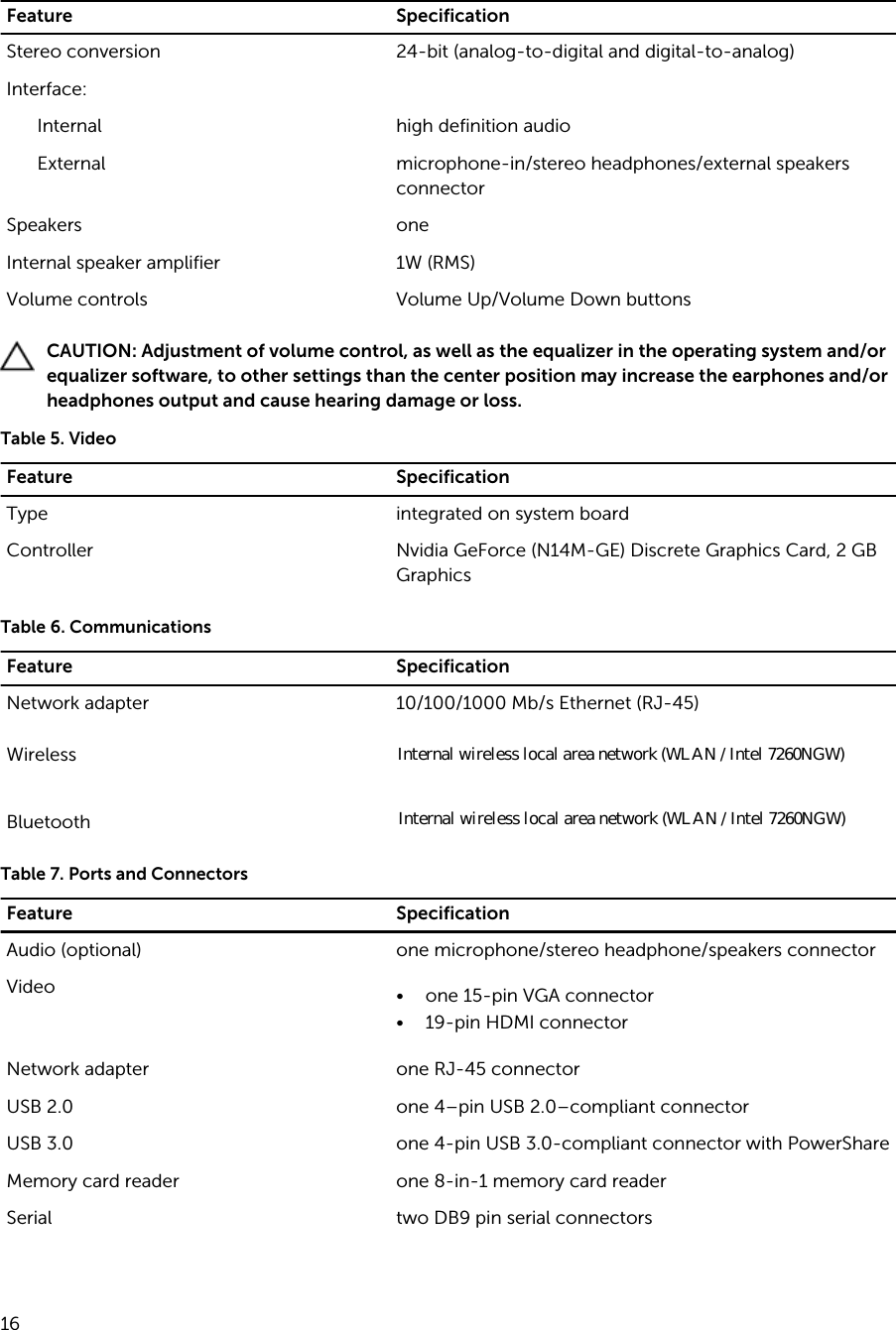 Feature SpecificationStereo conversion 24-bit (analog-to-digital and digital-to-analog)Interface:Internal high definition audioExternal microphone-in/stereo headphones/external speakers connectorSpeakers oneInternal speaker amplifier 1W (RMS)Volume controls Volume Up/Volume Down buttonsCAUTION: Adjustment of volume control, as well as the equalizer in the operating system and/or equalizer software, to other settings than the center position may increase the earphones and/or headphones output and cause hearing damage or loss.Table 5. VideoFeature SpecificationType integrated on system boardController Nvidia GeForce (N14M-GE) Discrete Graphics Card, 2 GB GraphicsTable 6. CommunicationsFeature SpecificationNetwork adapter 10/100/1000 Mb/s Ethernet (RJ-45)WirelessBluetoothTable 7. Ports and ConnectorsFeature SpecificationAudio (optional) one microphone/stereo headphone/speakers connectorVideo • one 15-pin VGA connector• 19-pin HDMI connectorNetwork adapter one RJ-45 connectorUSB 2.0 one 4–pin USB 2.0–compliant connectorUSB 3.0 one 4-pin USB 3.0-compliant connector with PowerShareMemory card reader one 8-in-1 memory card readerSerial two DB9 pin serial connectors16Internal wireless local area network (WLAN / Intel 7260NGW)Internal wireless local area network (WLAN / Intel 7260NGW)