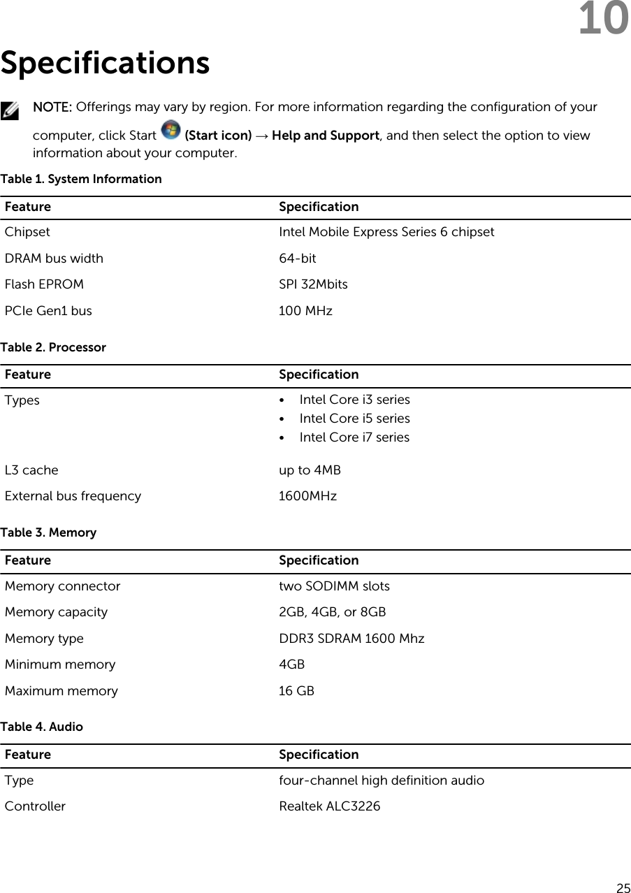 10SpecificationsNOTE: Offerings may vary by region. For more information regarding the configuration of your computer, click Start   (Start icon) → Help and Support, and then select the option to view information about your computer.Table 1. System InformationFeature SpecificationChipset Intel Mobile Express Series 6 chipsetDRAM bus width 64-bitFlash EPROM SPI 32MbitsPCIe Gen1 bus 100 MHzTable 2. ProcessorFeature SpecificationTypes • Intel Core i3 series• Intel Core i5 series• Intel Core i7 seriesL3 cache up to 4MBExternal bus frequency 1600MHzTable 3. MemoryFeature SpecificationMemory connector two SODIMM slotsMemory capacity 2GB, 4GB, or 8GBMemory type DDR3 SDRAM 1600 MhzMinimum memory 4GBMaximum memory 16 GBTable 4. AudioFeature SpecificationType four-channel high definition audioController Realtek ALC322625