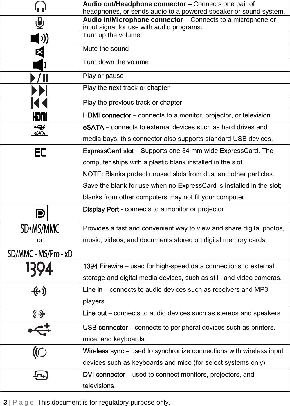 3 | Page This document is for regulatory purpose only.   Audio out/Headphone connector – Connects one pair of headphones, or sends audio to a powered speaker or sound system.  Audio in/Microphone connector – Connects to a microphone or input signal for use with audio programs.  Turn up the volume  Mute the sound  Turn down the volume  Play or pause  Play the next track or chapter  Play the previous track or chapter  HDMI connector – connects to a monitor, projector, or television.  eSATA – connects to external devices such as hard drives and media bays, this connector also supports standard USB devices.  ExpressCard slot – Supports one 34 mm wide ExpressCard. The computer ships with a plastic blank installed in the slot. NOTE: Blanks protect unused slots from dust and other particles. Save the blank for use when no ExpressCard is installed in the slot; blanks from other computers may not fit your computer.  Display Port - connects to a monitor or projector  or  Provides a fast and convenient way to view and share digital photos, music, videos, and documents stored on digital memory cards.  1394 Firewire – used for high-speed data connections to external storage and digital media devices, such as still- and video cameras.  Line in – connects to audio devices such as receivers and MP3 players  Line out – connects to audio devices such as stereos and speakers  USB connector – connects to peripheral devices such as printers, mice, and keyboards.  Wireless sync – used to synchronize connections with wireless input devices such as keyboards and mice (for select systems only).  DVI connector – used to connect monitors, projectors, and televisions. 