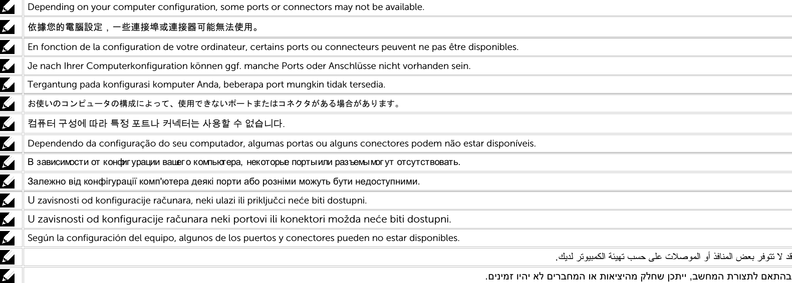    Depending on your computer configuration, some ports or connectors may not be available.  依據您的電腦設定，一些連接埠或連接器可能無法使用。  En fonction de la configuration de votre ordinateur, certains ports ou connecteurs peuvent ne pas être disponibles.  Je nach Ihrer Computerkonfiguration können ggf. manche Ports oder Anschlüsse nicht vorhanden sein.  Tergantung pada konfigurasi komputer Anda, beberapa port mungkin tidak tersedia.  お使いのコンピュータの構成によって、使用できないポートまたはコネクタがある場合があります。  컴퓨터 구성에 따라 특정 포트나 커넥터는 사용할 수 없습니다.  Dependendo da configuração do seu computador, algumas portas ou alguns conectores podem não estar disponíveis.  В зависимости от конфиг урации вашег о компьютера,  нек оторые порты или разъемы мог ут отсутствовать.  Залежно від конфігурації комп&apos;ютера деякі порти або розніми можуть бути недоступними.  U zavisnosti od konfiguracije računara, neki ulazi ili priključci neće biti dostupni.  U zavisnosti od konfiguracije računara neki portovi ili konektori možda neće biti dostupni.  Según la configuración del equipo, algunos de los puertos y conectores pueden no estar disponibles.  .ﻚﻳﺪﻟ ﺮﺗﻮﻴﺒﻤﻜﻟا ﺔﺌﻴﻬﺗ ﺐﺴﺣ ﻰﻠﻋ تﻼﺻﻮﻤﻟا وأ ﺬﻓﺎﻨﻤﻟا ﺾﻌﺑ ﺮﻓﻮﺘﺗ ﻻ ﺪﻗ  בשחמה תרוצתל םאתהב ,םינימז ויהי אל םירבחמה וא תואיציהמ קלחש ןכתיי.       