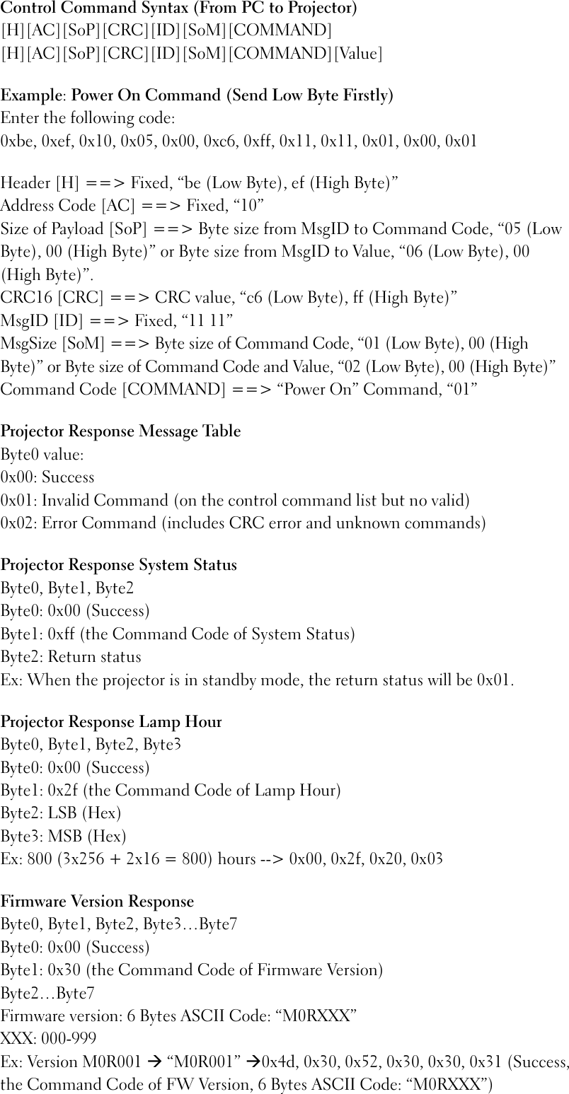 Dell 1609Wx Projector Quick Reference Guide Protocol Content