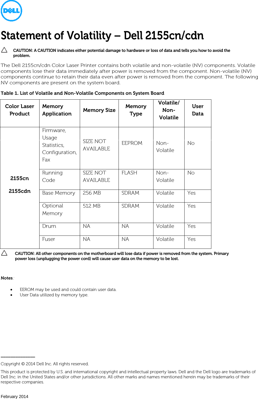 Page 1 of 1 - Dell Dell-2155Cn-Cdn-Color-Laser-Printer-Troubleshooting- 2155cn/cdn Color Laser Printer Statement Of Volatility  Dell-2155cn-cdn-color-laser-printer-troubleshooting