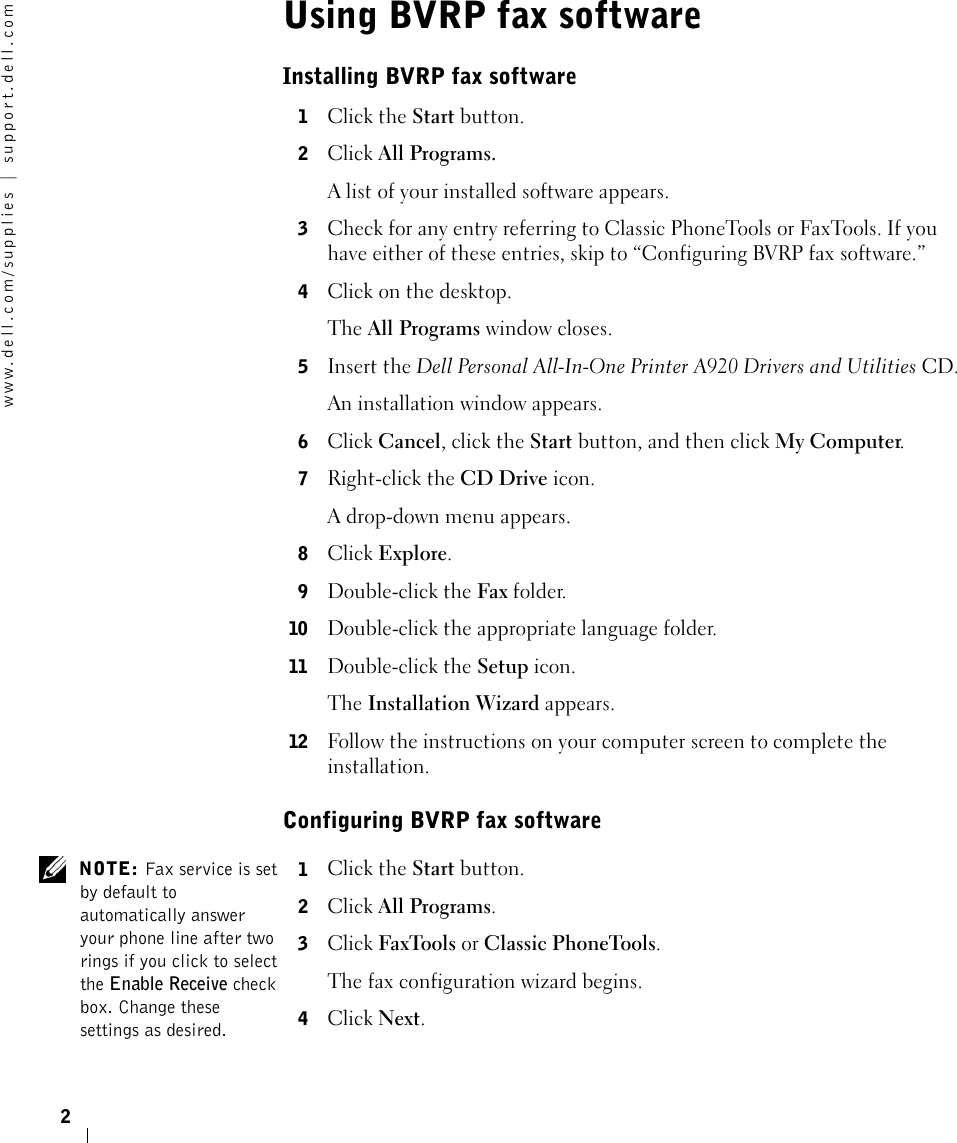 Page 2 of 8 - Dell Dell-A920-All-In-One-Personal-Printer-Quick-Reference-Guide- Faxing  Dell-a920-all-in-one-personal-printer-quick-reference-guide