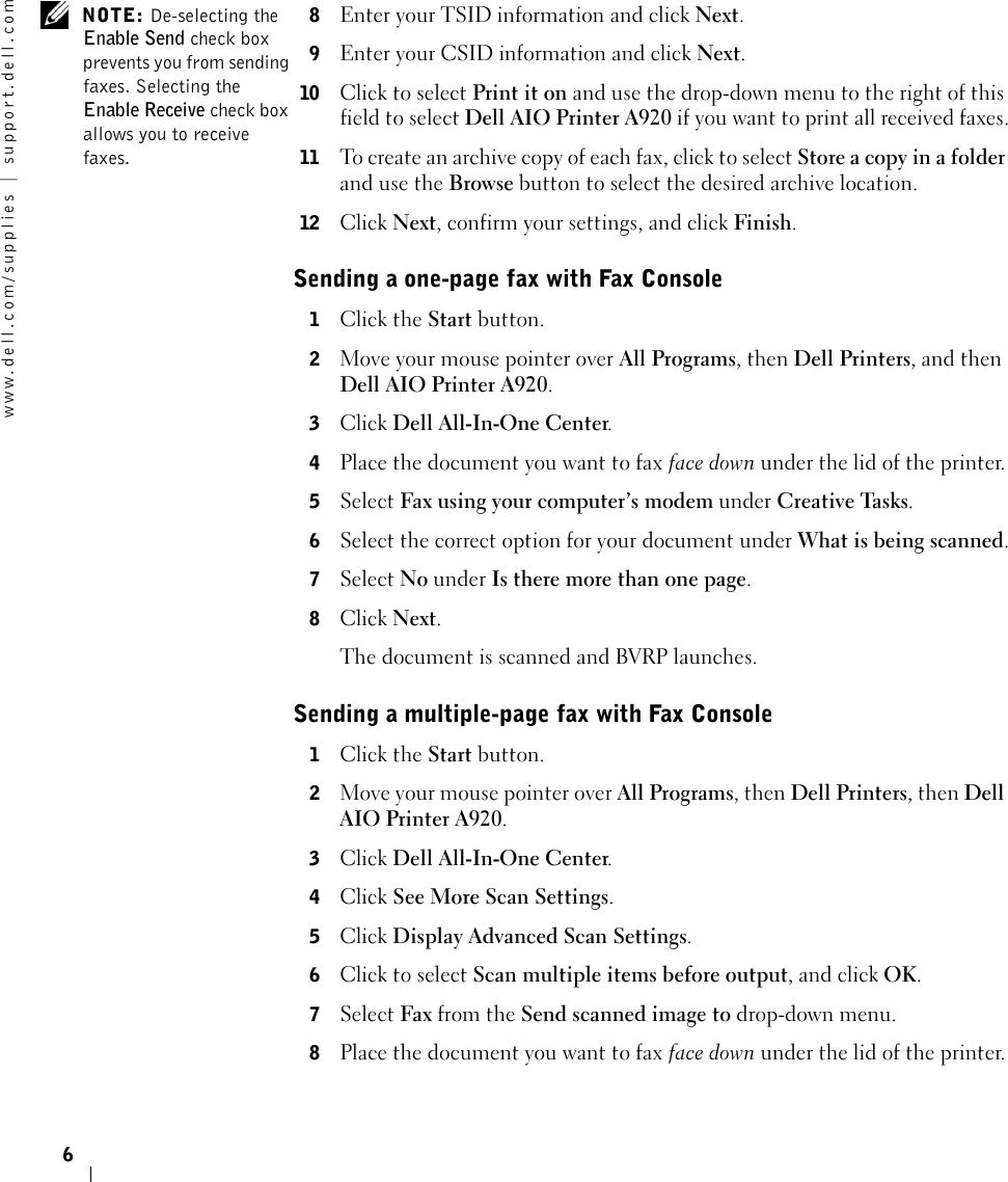 Page 6 of 8 - Dell Dell-A920-All-In-One-Personal-Printer-Quick-Reference-Guide- Faxing  Dell-a920-all-in-one-personal-printer-quick-reference-guide