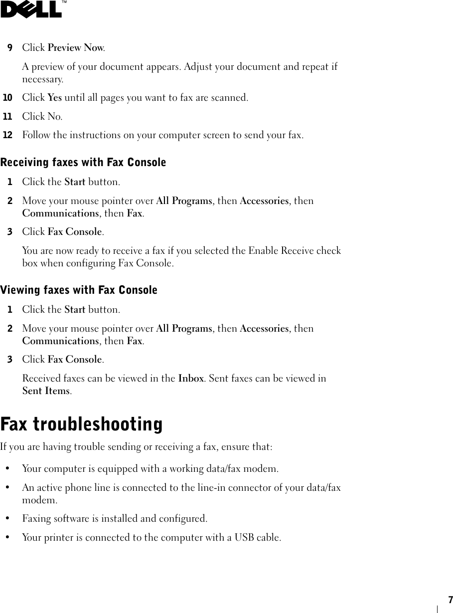 Page 7 of 8 - Dell Dell-A920-All-In-One-Personal-Printer-Quick-Reference-Guide- Faxing  Dell-a920-all-in-one-personal-printer-quick-reference-guide