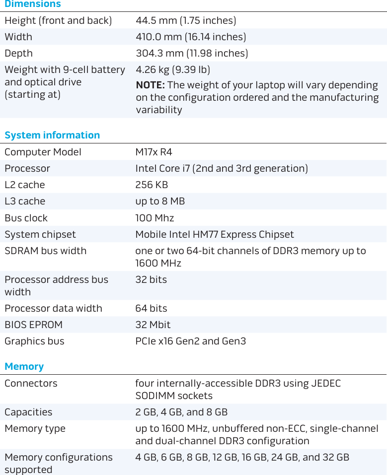 Page 2 of 8 - Dell Dell-Alienware-M17X-R4-Early-2012-Specifications- Alienware M17x R4 Specifications (Accessibility Compliant)  Dell-alienware-m17x-r4-early-2012-specifications