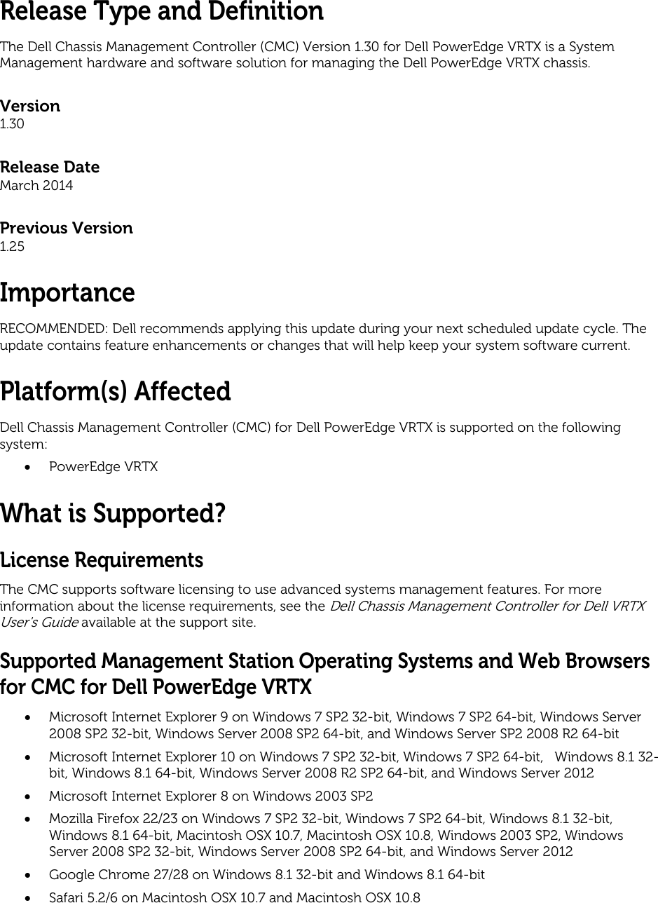 Page 2 of 5 - Dell Dell-Chassis-Management-Controller-Version-1-30-For-Poweredge-Vrtx-Owners-Manual- Chassis Management Controller (CMC) Version 1.30 For PowerEdge VRTX Release Notes  Dell-chassis-management-controller-version-1-30-for-poweredge-vrtx-owners-manual