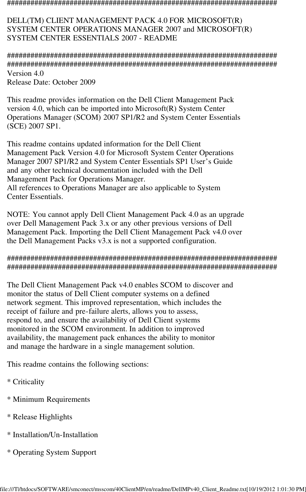 Page 1 of 5 - Dell Dell-Client-Management-Pack-Version-4-0-For-Microsoft-System-Center-Operations-Manager-Owners-Manual- Client Management Pack Version 4.0 For Microsoft System Center Operations Manager Readme - Dell-client-management-pack-version-4-0-for-microsoft-system-center-operations-manager-owners-manual