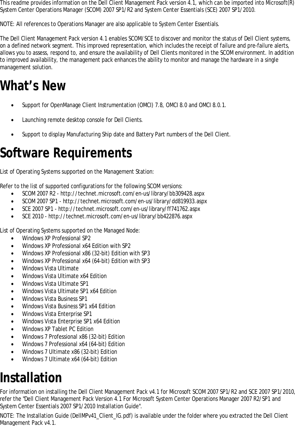 Page 2 of 6 - Dell Dell-Client-Management-Pack-Version-4-1-For-Microsoft-System-Center-Operations-Manager-Owners-Manual- Client Management Pack Version 4.1 For Microsoft System Center Operations Manager Release Notes  Dell-client-management-pack-version-4-1-for-microsoft-system-center-operations-manager-owners-manual