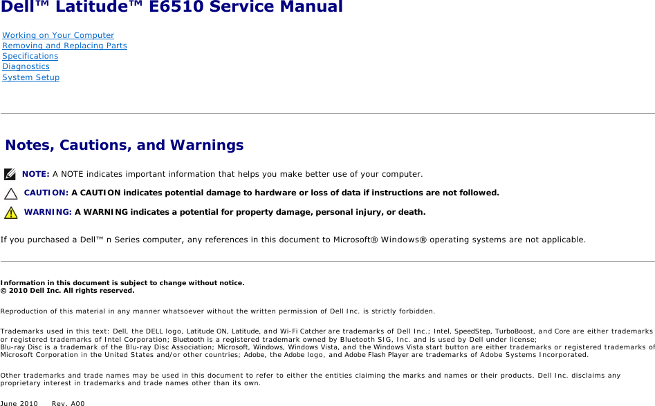 Dell E6510 Users Manual Latitude Service