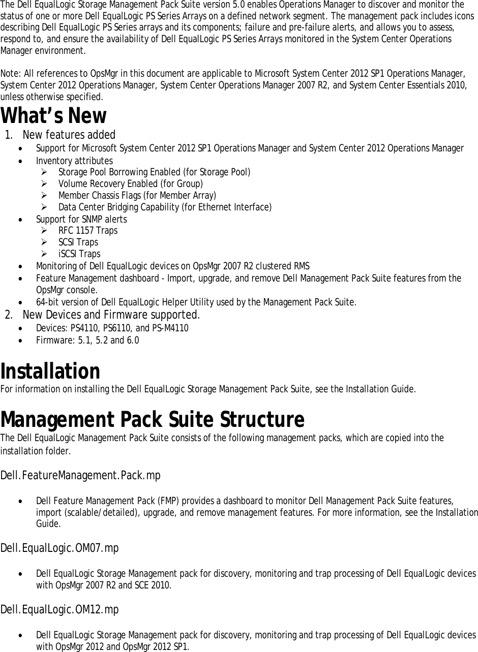 Page 2 of 4 - Dell Dell-Equallogic-Management-Pack-Version-5-0-For-Microsoft-System-Center-Operations-Manager-Owners-Manual- EqualLogic Management Pack Version 5.0 For Microsoft System Center Operations Manager Readme  Dell-equallogic-management-pack-version-5-0-for-microsoft-system-center-operations-manager-owners-manual