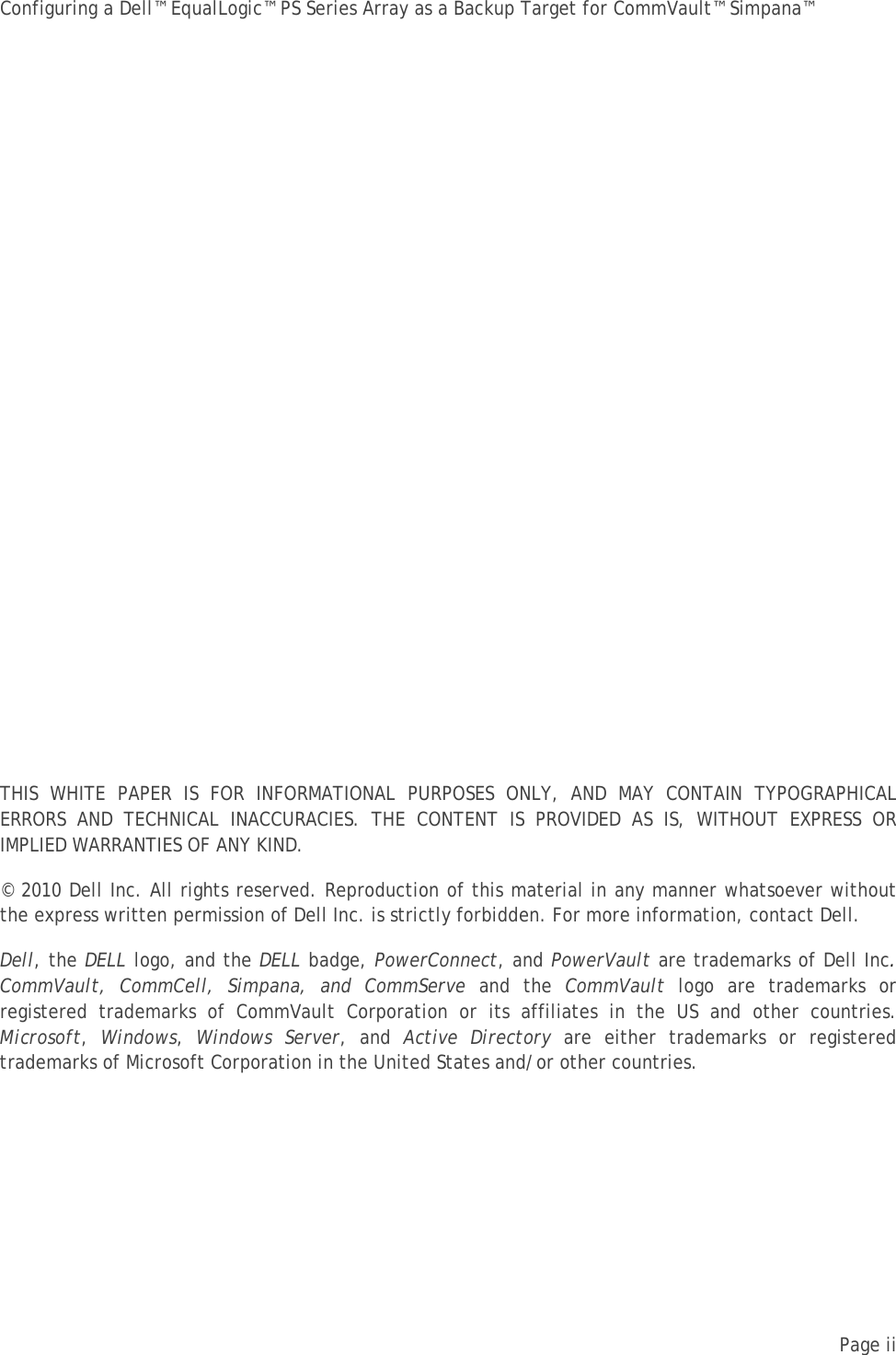 Page 2 of 10 - Dell Dell-Equallogic-Ps6510-Troubleshooting Configuring An EqualLogic PS Series Array As A Backup Target For CommVault Simpana-v1.1