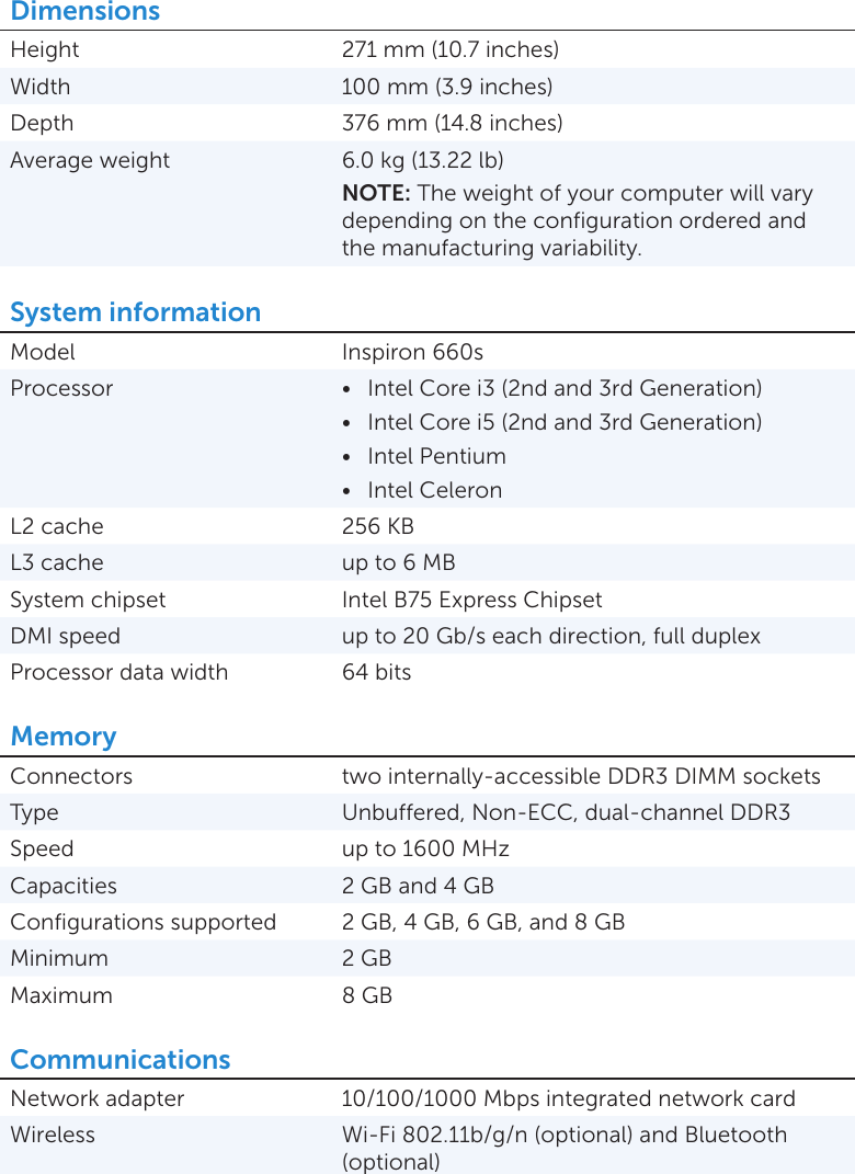 Dell Inspiron 660s Early 12 Accessibility Compliant Specifications Accessibility Compliant