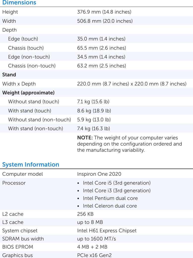 Dell Inspiron One Accessibility Compliant Specifications Accessibility Compliant