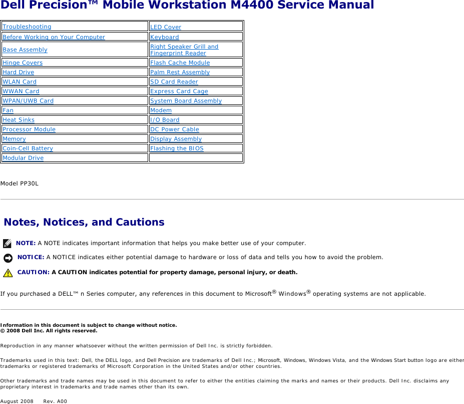 Dell Laptop Pp30l Users Manual Precision M4400 Service