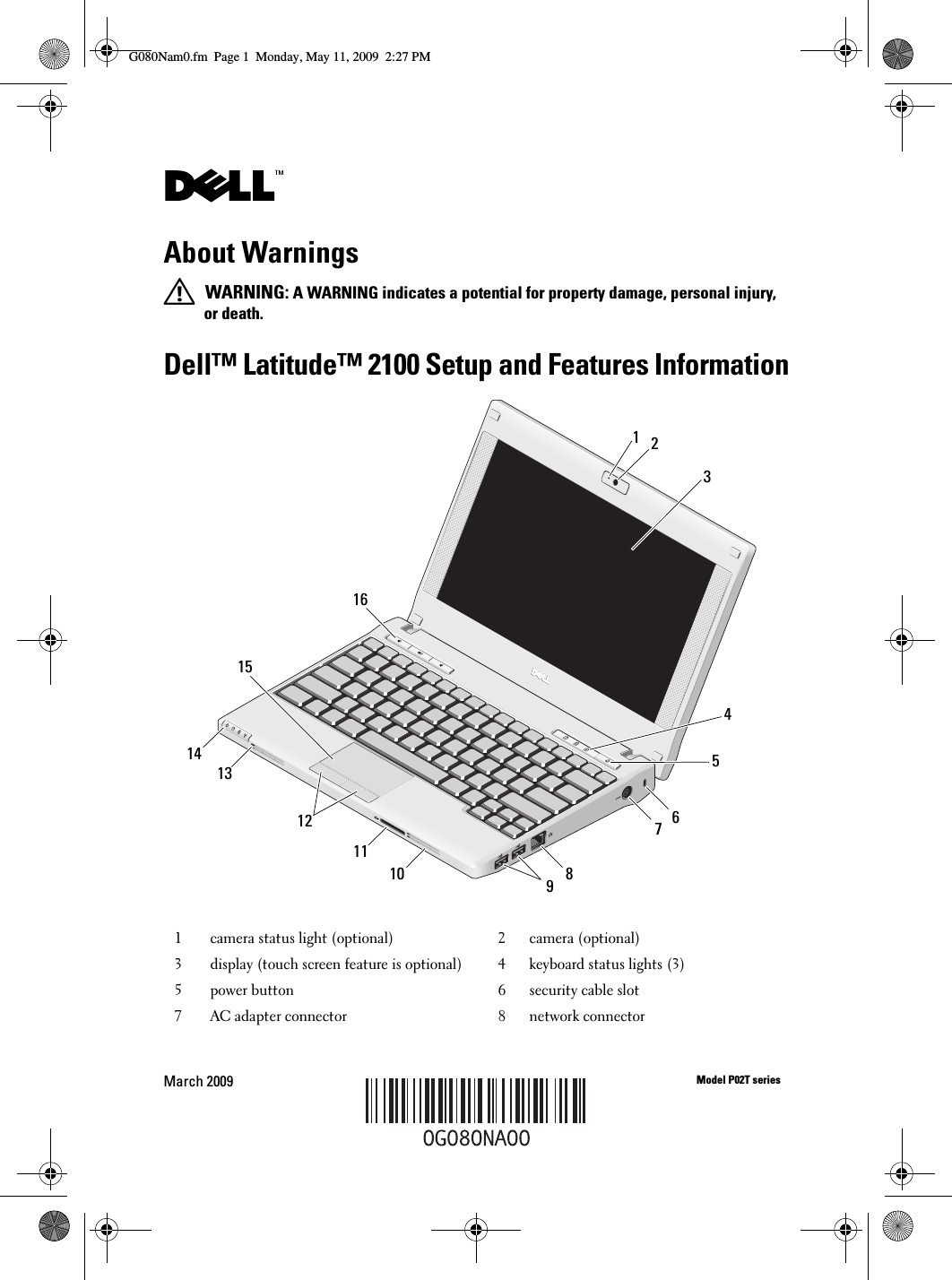 Page 1 of 8 - Dell Dell-Latitude-2100-Mid-2009-Quick-Start-Guide- Latitude 2100 Setup Features Information  Dell-latitude-2100-mid-2009-quick-start-guide