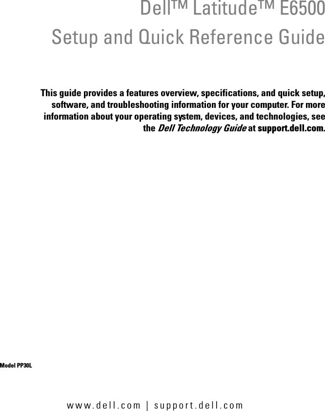 Dell Latitude E6500 Quick Reference Guide Dell™ Latitude™ Setup And