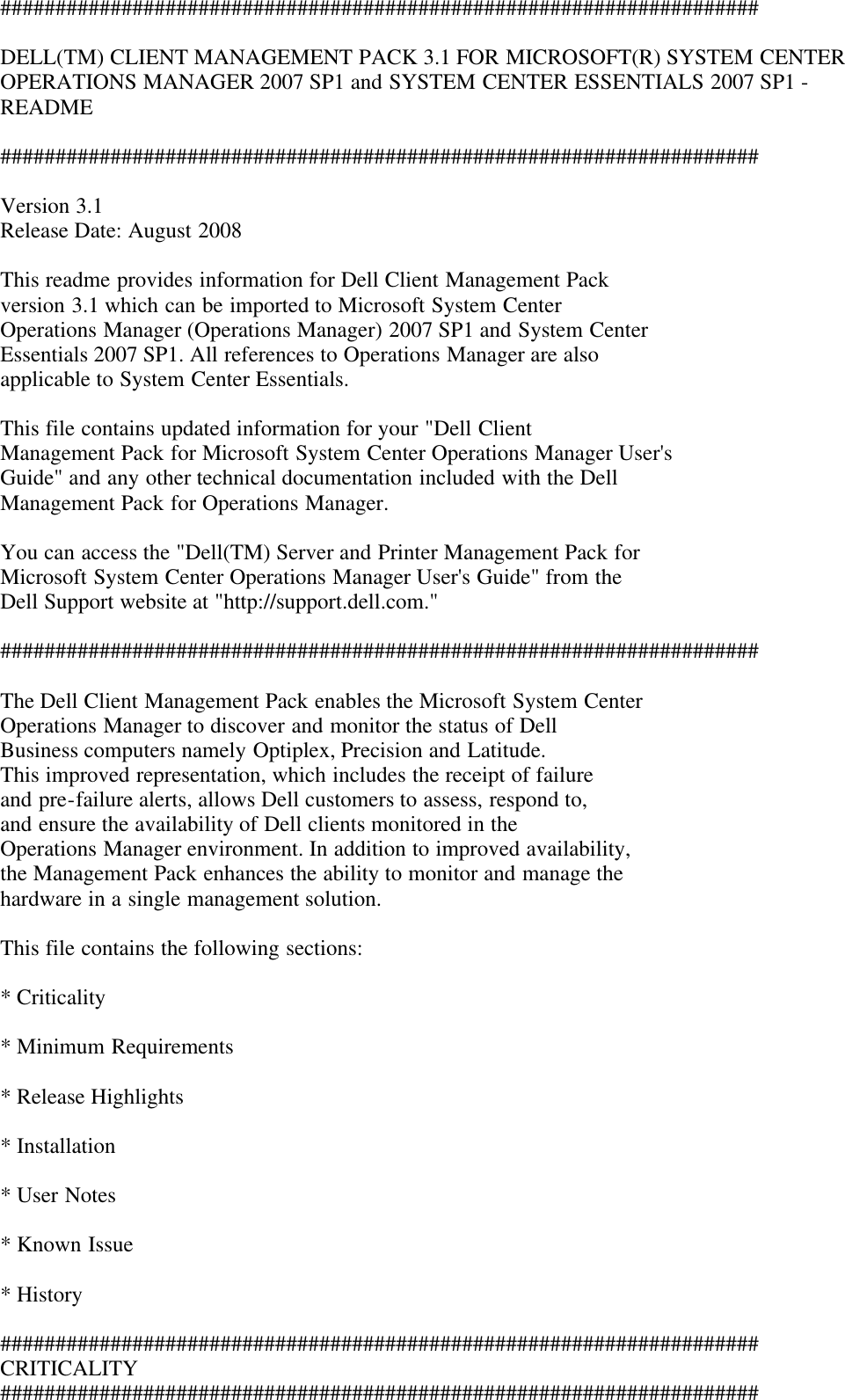 Page 1 of 5 - Dell Dell-Management-Pack-Version-3-2-For-Microsoft-System-Center-Operations-Manager-Owners-Manual- Management Pack Version 3.1 For Microsoft System Center Operations Manager Readme - Client  Dell-management-pack-version-3-2-for-microsoft-system-center-operations-manager-owners-manual