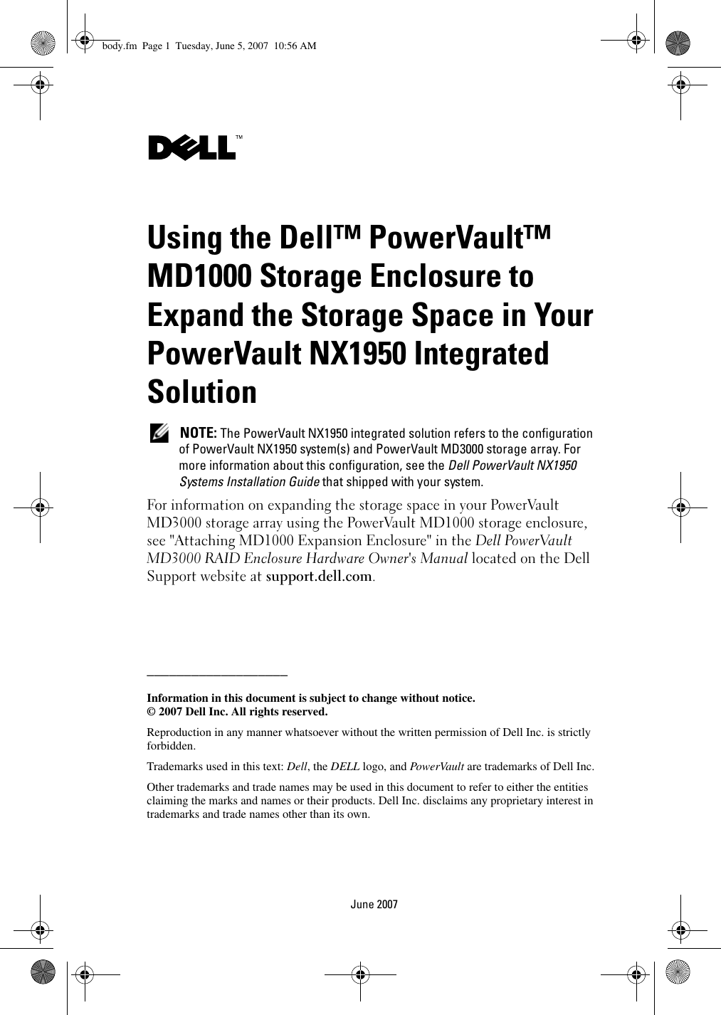 Page 1 of 2 - Dell Dell-Microsoft-Windows-Unified-Data-Storage-Server-2003-Powervault-Nx-1950-How-To-Use- Using The Dell™ PowerVault™ MD1000 Storage Enclosure To Expand Space In Your PowerVault NX1950 Integrated Solution  Dell-microsoft-windows-unified-data-storage-server-2003-powervault-nx-1950-how-to-use