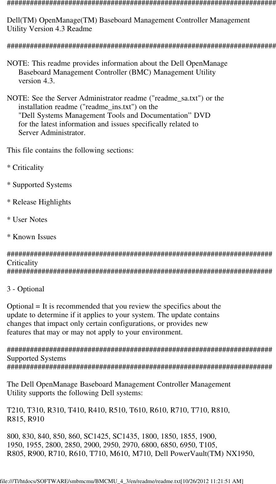 Page 1 of 6 - Dell Dell-Openmanage-Baseboard-Management-Controller-Version-4-3-Owners-Manual- OpenManage Baseboard Management Controller Version 4.3 Readme  Dell-openmanage-baseboard-management-controller-version-4-3-owners-manual